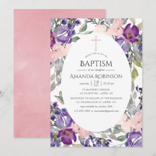 Convites Rosa Plum e Floral Baptismo ou Batizado