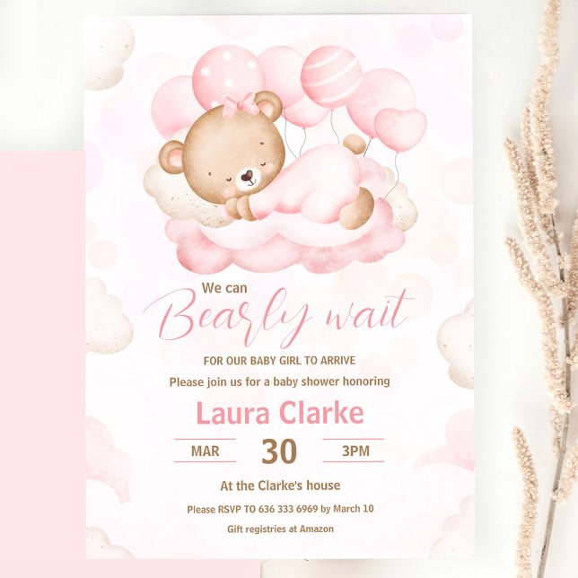 Convites Rosa Podemos Brindar Esperar Chá de fraldas De Beb (Pink We Can Bearly Wait Girl Bear Baby Shower Invitation)