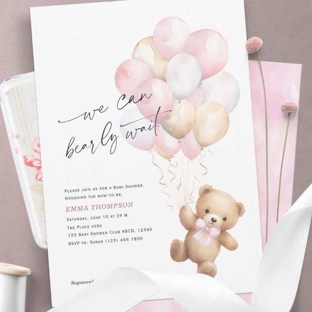Convites Rosa Podemos Esperar Simples Chá De Menina (Pink We Can Bearly Wait, Cute Teddy Bear Baby Girl Shower Invitation.)