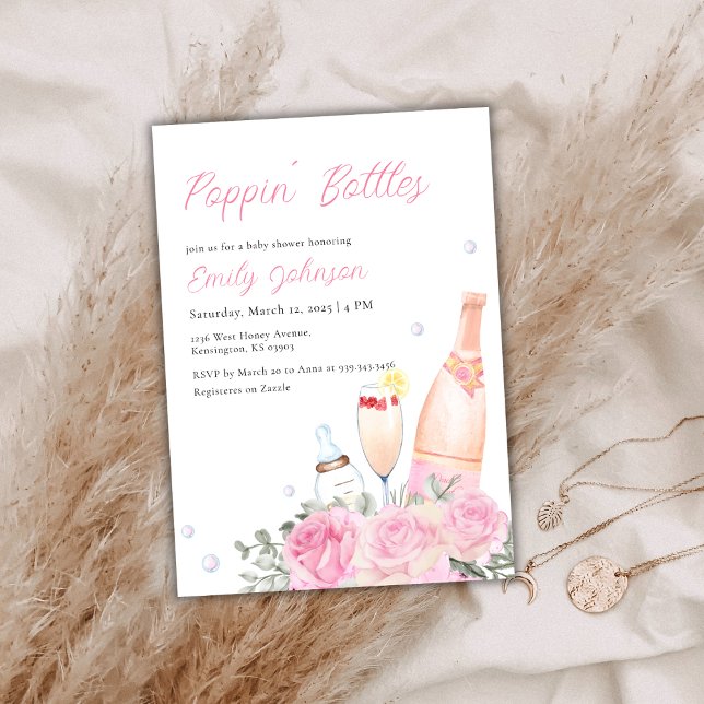 Convites Rosa Poppin Botles Champagne Chá de fraldas (Rose Poppin Bottles Champagne Girl Baby Shower Invitation)