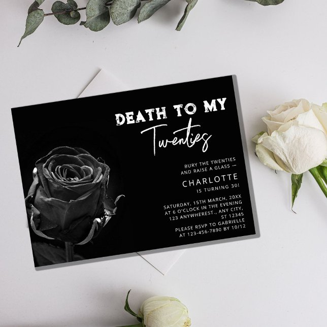 Convites Rosa preto - aniversário de 30 anos da "Morte aos  (lack Rose _Death to My 20s_ 30th Birthday Invitation)