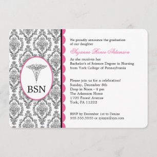 Convites Rosa preto CUSTOMIZÁVEL da graduação BSN RN da