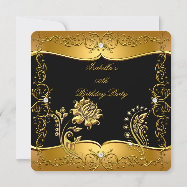 Convites Rosa Preto Dourado Diamante Floral Festa de Aniver (Frente)