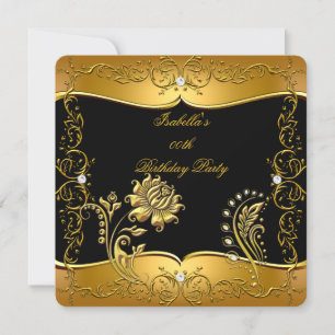 Convites Rosa Preto Dourado Diamante Floral Festa de Aniver