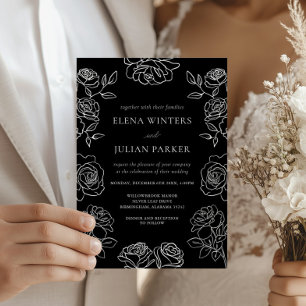 Convites Rosa Preto e Branco Elegantes Flores de Casamento