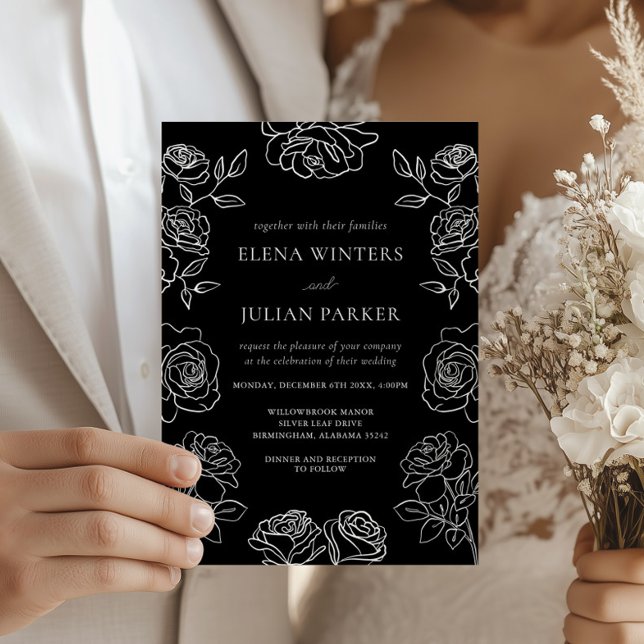 Convites Rosa Preto e Branco Elegantes Flores de Casamento (Criador carregado)