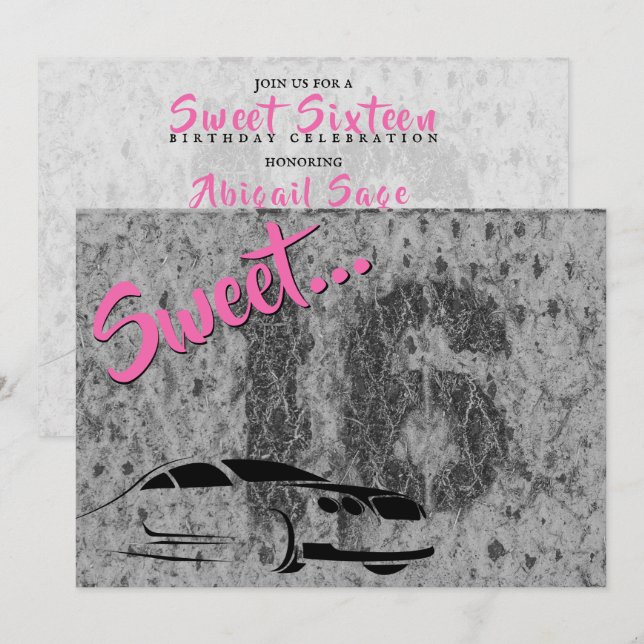Convites Rosa, Preto e Grunge com Carro Doce 16 Aniversário (Frente/Verso)
