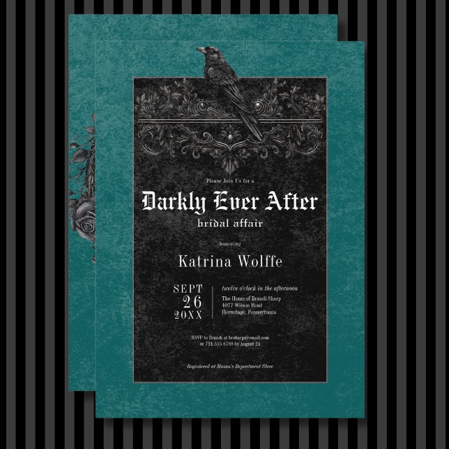 Convites Rosa preto gótico, Chá de panela teal (Gothic Black Raven & Roses Teal Bridal Shower Invitation)