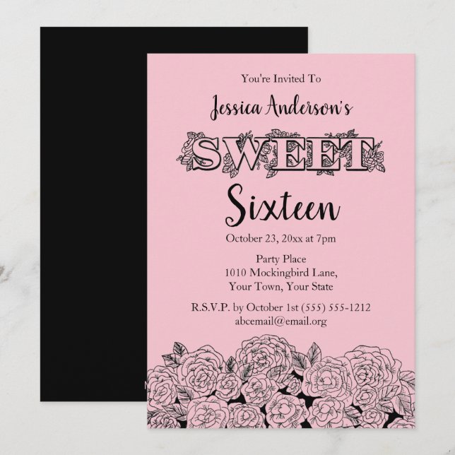 Convites Rosa Preto-Rosa-Rosa-Bolo-Parisiense Doce Dezessei (Frente/Verso)