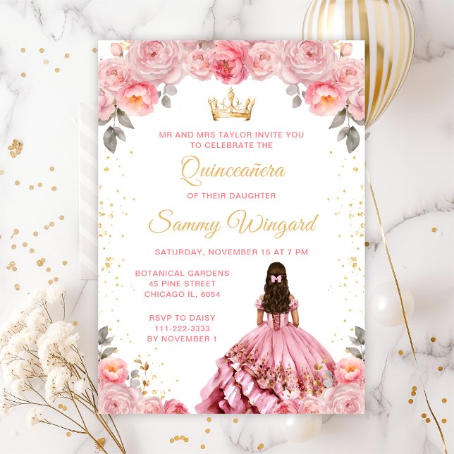 Convites Rosa Princesa Floral Quinceañera (Criador carregado)