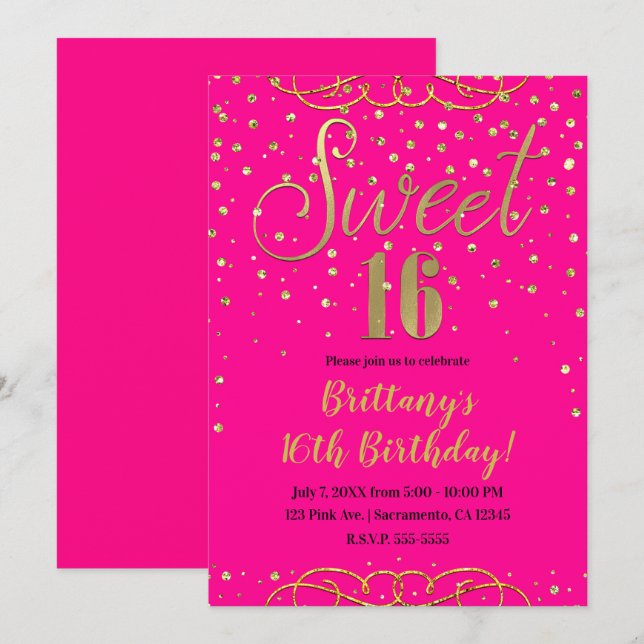 Convites Rosa Quente e Dourado com Brilho Festa Moderna Swe (Frente/Verso)