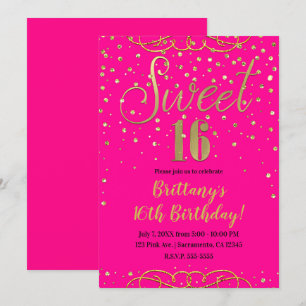 Convites Rosa Quente e Dourado com Brilho Festa Moderna Swe