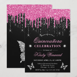 Convites Rosa Quente e Preto Gotejante Brilho Quinceanera