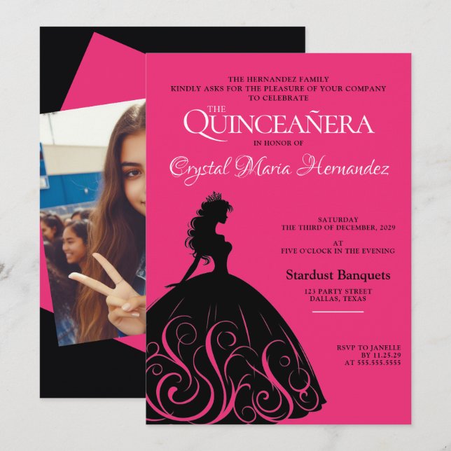 Convites Rosa Quente e Preto Quinceañera (Frente/Verso)