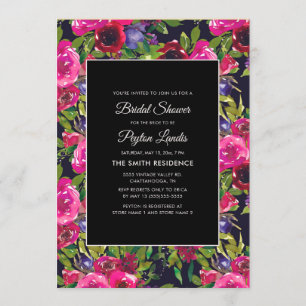 Convites Rosa Quente Floral Roxo em Preto para Chá de Noiva