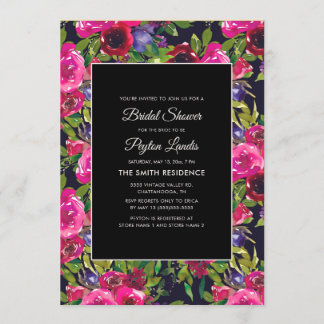 Convites Rosa Quente Floral Roxo em Preto para Chá de Noiva