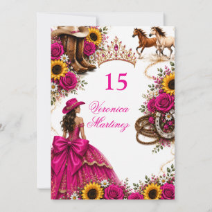 Convites Rosa Quente Girassol Fuchsia Vaquera Quinceañera