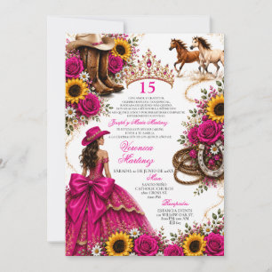 Convites Rosa Quente Girassol Fuchsia Vaquera Quinceañera 