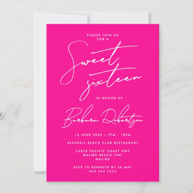 Convites Rosa Quente Minimalista Script Chic Dezesseis Anos (Frente)