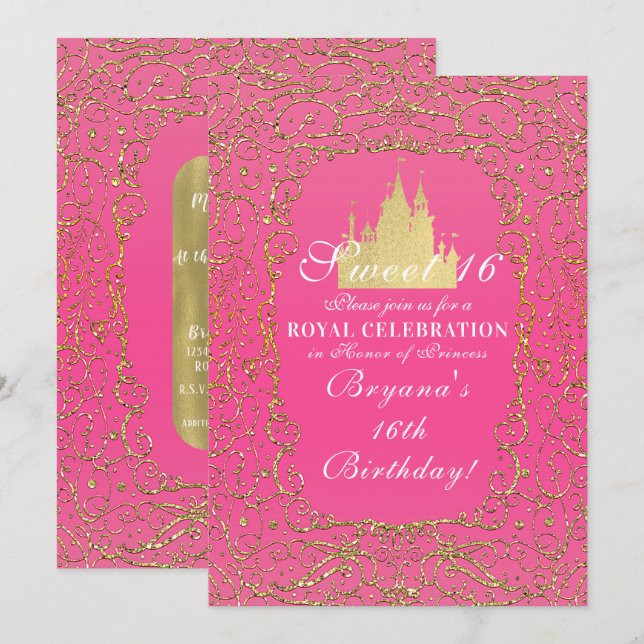 Convites Rosa Quente & Ouro Castelo Real Princesa Sweet 16 (Frente/Verso)