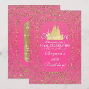 Convites Rosa Quente & Ouro Castelo Real Princesa Sweet 16