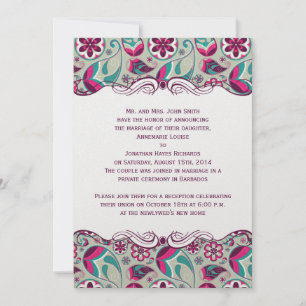 Convites Rosa Quente Paisley Pós-Casamento Teal