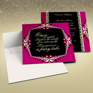 Convites Rosa Quente Preto Dourado Fractal Renda Conto de F