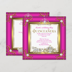 Convites Rosa Quente Princesa de Ouro Quinceanera Aniversár