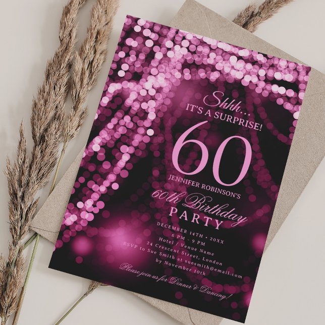 Convites Rosa Quente | Surpresa de 60 anos  (Hot Pink | Surprise 60th Birthday Party Invitation)