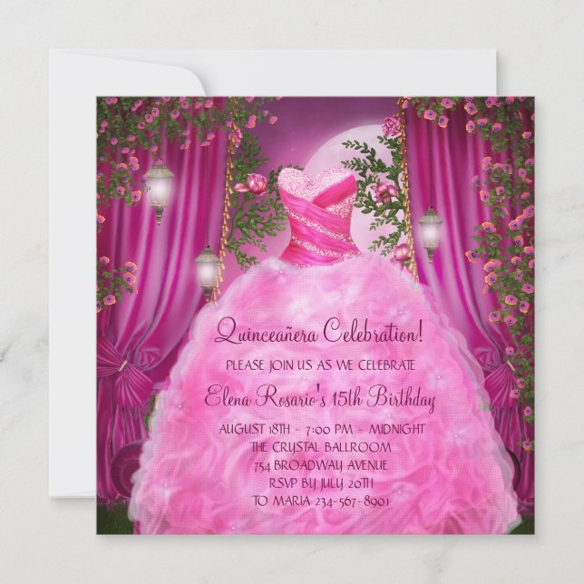 Convites Rosa Quinceanera Rosa Quente (Frente)