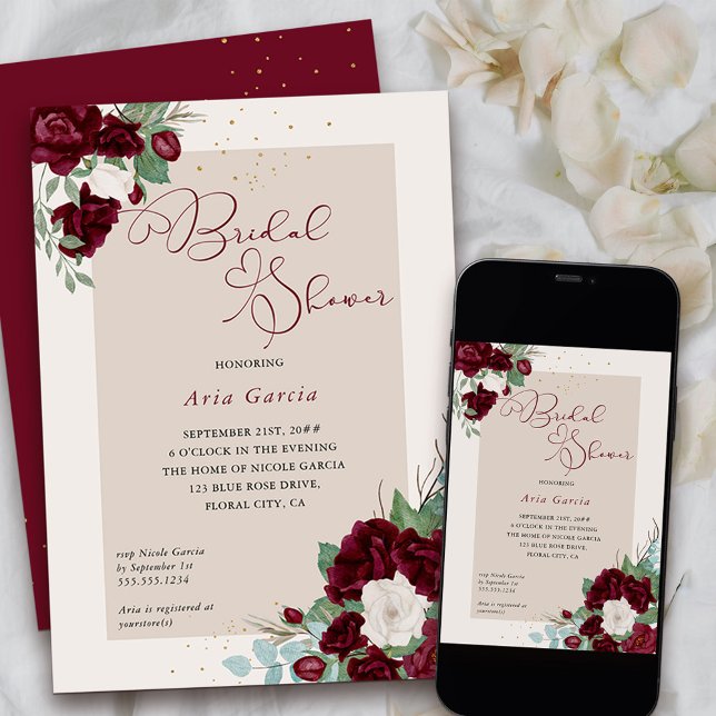 Convites Rosa Real Burgundy Ivory Chá de panela Floral (Bridal Shower Invitation from my Royal Roses collection
)