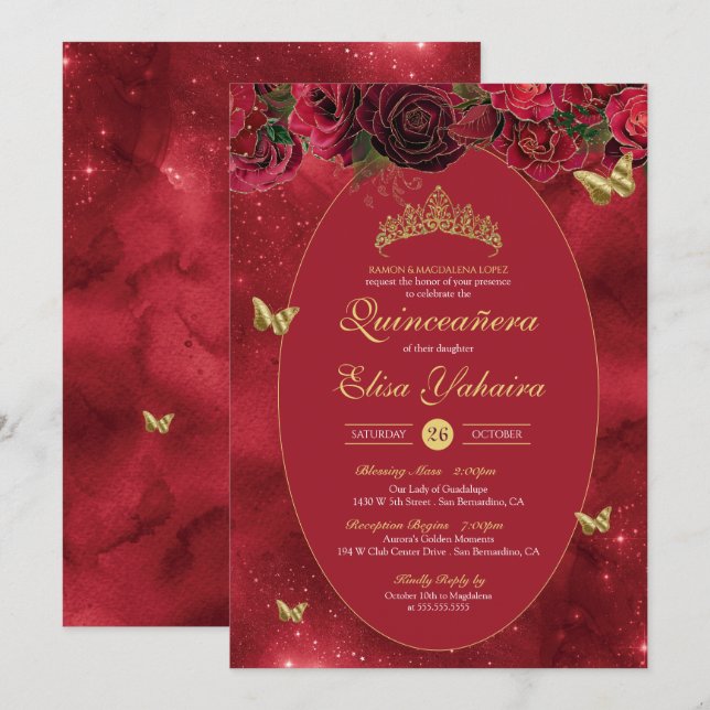 Convites Rosa Red Dourada Luxury Butterfly Quinceanera (Frente/Verso)