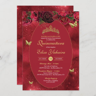 Convites Rosa Red Dourada Luxury Butterfly Quinceanera