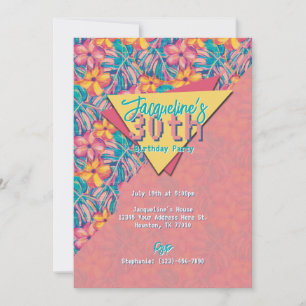 Convites Rosa Retro e Floral de Aniversário Amarelo