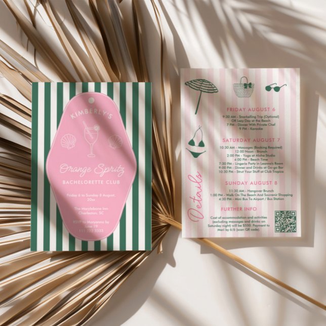 Convites Rosa Retro e Verde Despedida de Solteira Beverly H (Preppy pink and green bachelorette beach weekend invitation with hand drawn icons)
