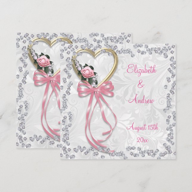 Convites Rosa romântico, Casamento de Ouros e Fita (Frente/Verso)