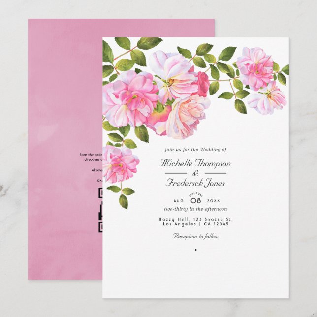 Convites Rosa Rosa Código QR RSVP Casamento no Jardim (Frente/Verso)