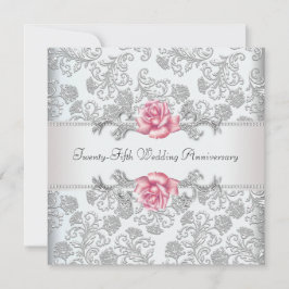 Convites Rosa Rosa Damask Prata 25º Aniversário de Casament