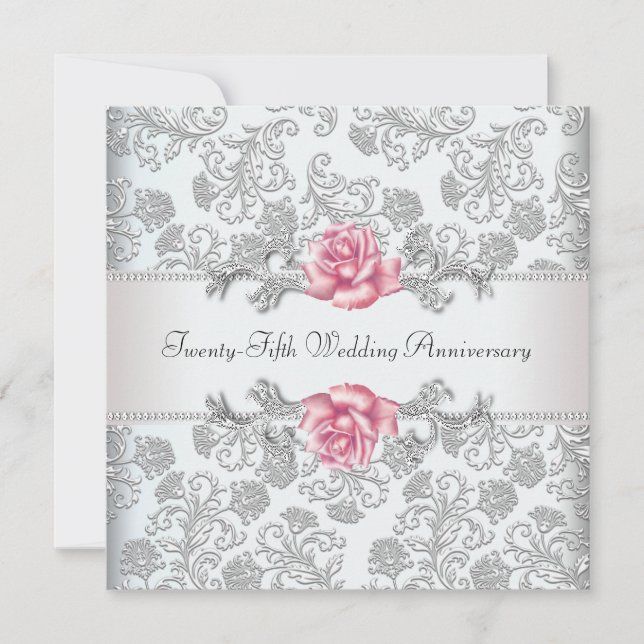 Convites Rosa Rosa Damask Prata 25º Aniversário de Casament (Frente)
