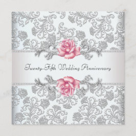 Convites Rosa Rosa Damask Prata 25º Aniversário de Casament