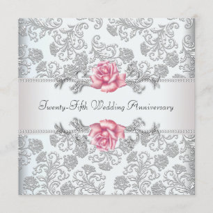 Convites Rosa Rosa Damask Prata 25º Aniversário de Casament