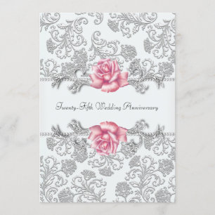 Convites Rosa Rosa Damask Prata Aniversário de 25 Anos de C
