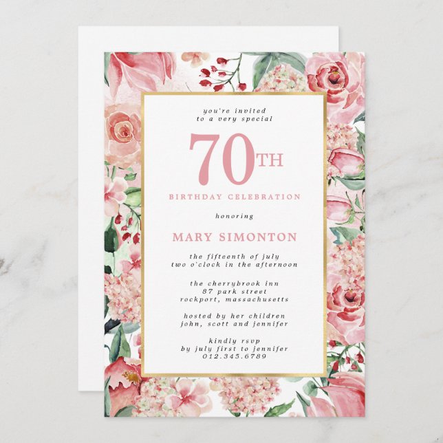 Convites Rosa rosa e Hydrangea 70 Floral Aniversário (Frente/Verso)