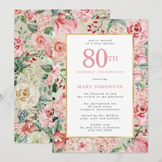 Convites Rosa rosa e Hydrangea 80 Floral Aniversário (Frente/Verso)