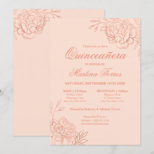 Convites Rosa Rosa Elegante, Dourada, esboço, Quinceanera