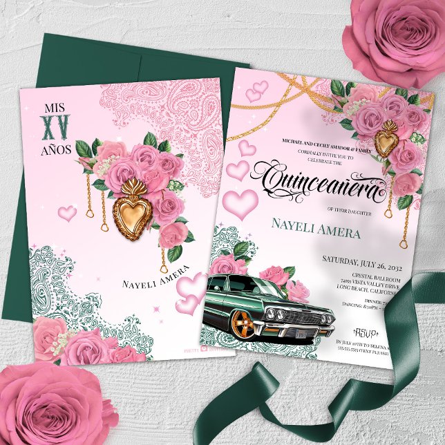 Convites Rosa rosa Emerald Green Chola Lowrider Quinceanera (Criador carregado)
