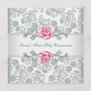Convites Rosa Rosa Pêssego Damask Primeira Comunhão Menina