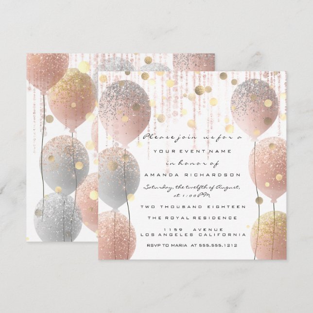 Convites Rosa Rosa Rosa Ballon Sweet 16ª Bridal Bridal Brid (Frente/Verso)