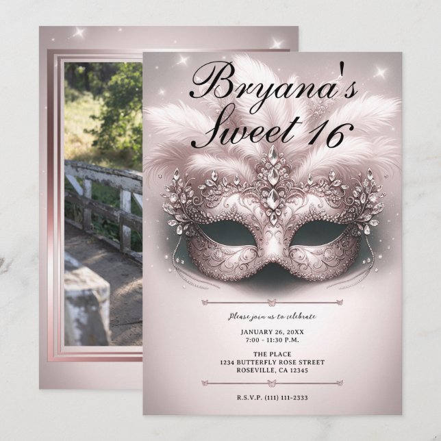 Convites Rosa Rosa Rosa Dourada Mascarada Doce 16 Foto Aniv (Frente/Verso)