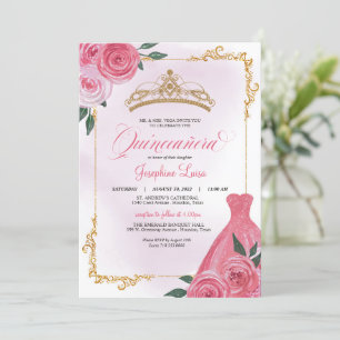 Convites Rosa rosa rosa e Dourada Floral Branca Tiara Quinc